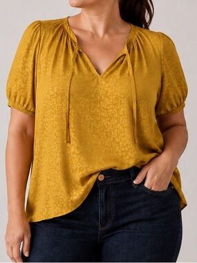 Lane Bryant Swing Tee 18/20 Mustard Leopard Jacquard Satin Puff Sleeve Top